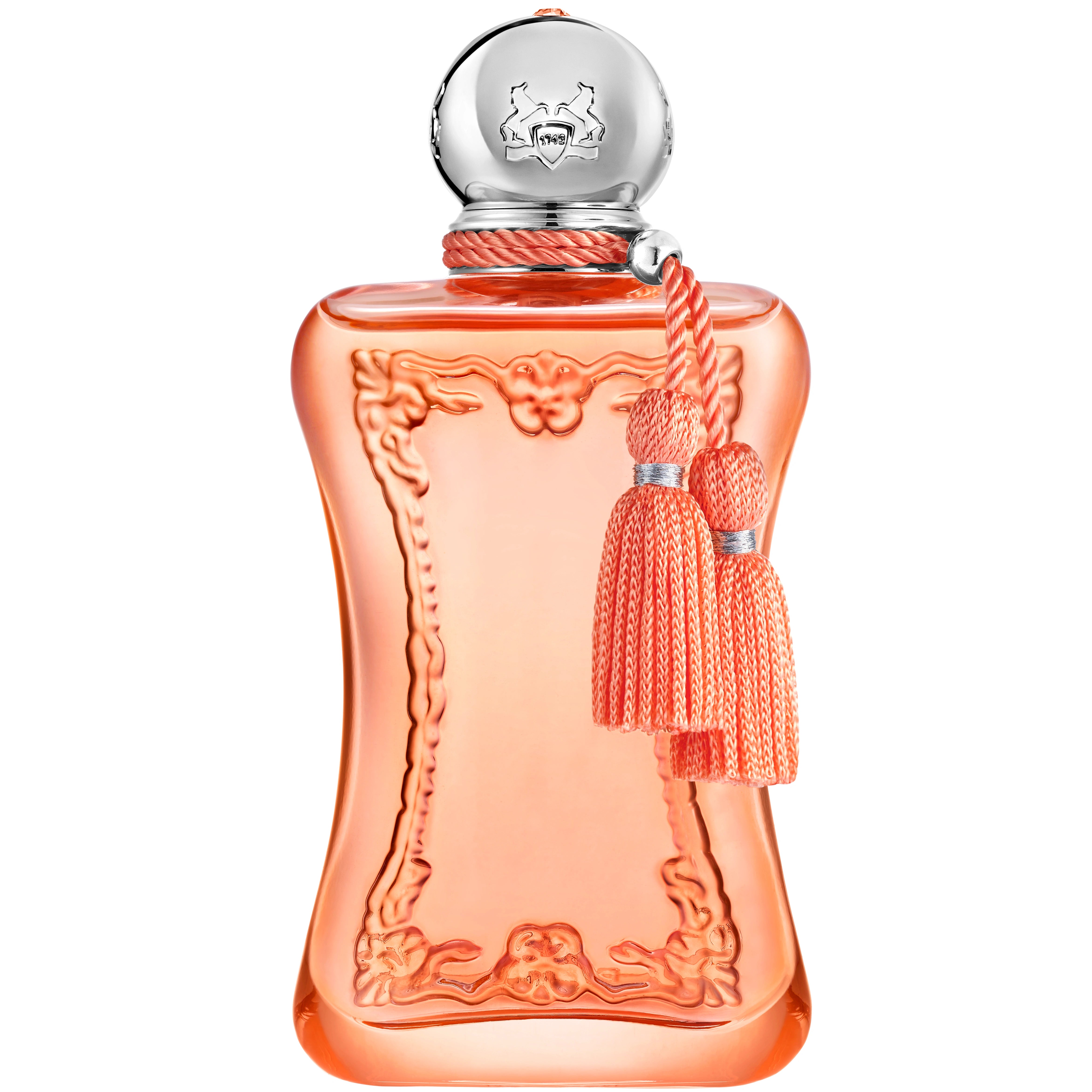 Parfums de Marly Athénaïs Eau de Parfum bottle with a translucent coral finish, silver cap and matching coral tassels.