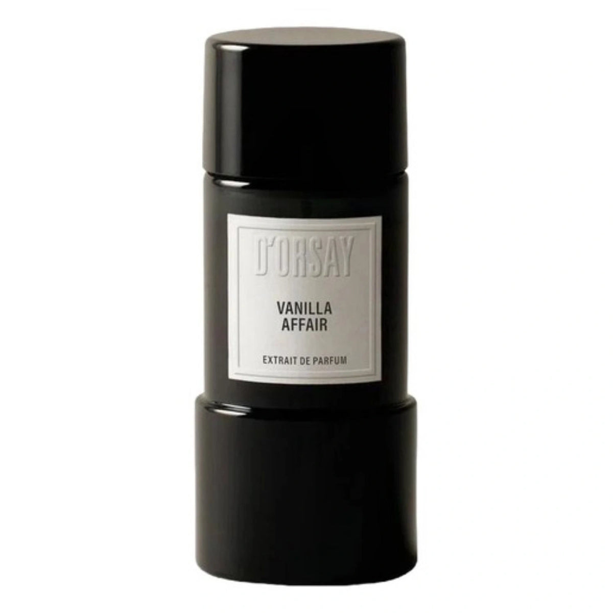 D'Orsay Vanilla Affair Extrait de Parfum in a matte black cylindrical bottle with a white label, shown against a plain white background.