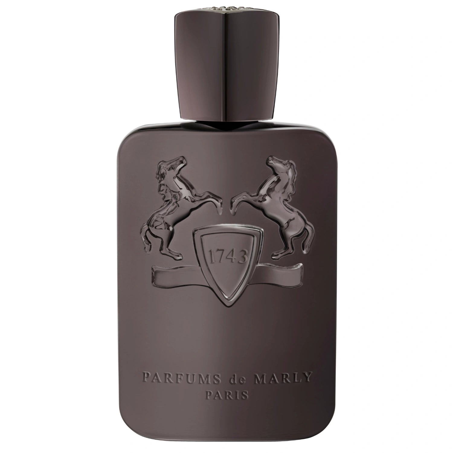 Parfums de Marly Herod Eau de Parfum bottle with a matte dark brown finish, embossed horse crest and matching dark brown cap.