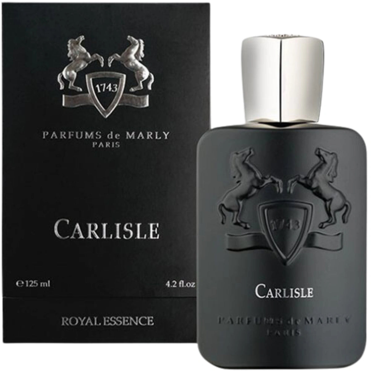 Parfums de Marly Carlisle Eau de Parfum bottle front view with matte black bottle, silver cap and embossed horse crest.