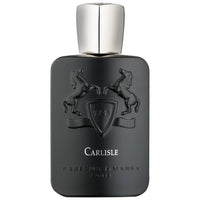Parfums de Marly Carlisle Eau de Parfum bottle front view with matte black bottle, silver cap and embossed horse crest.