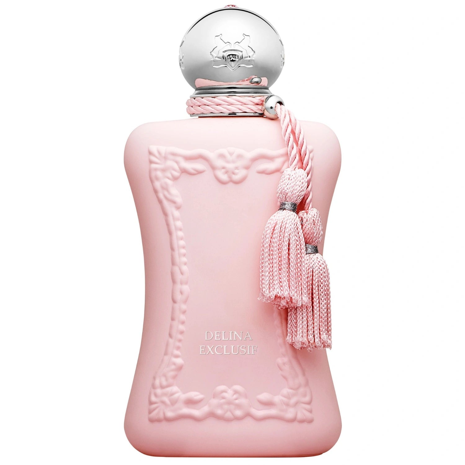 Parfums de Marly Delina Exclusif Eau de Parfum bottle with a deep blush pink bottle, silver cap and matching blush pink tassels.