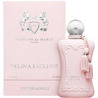 Parfums de Marly Delina Exclusif Eau de Parfum bottle with a deep blush pink bottle, silver cap and matching blush pink tassels.