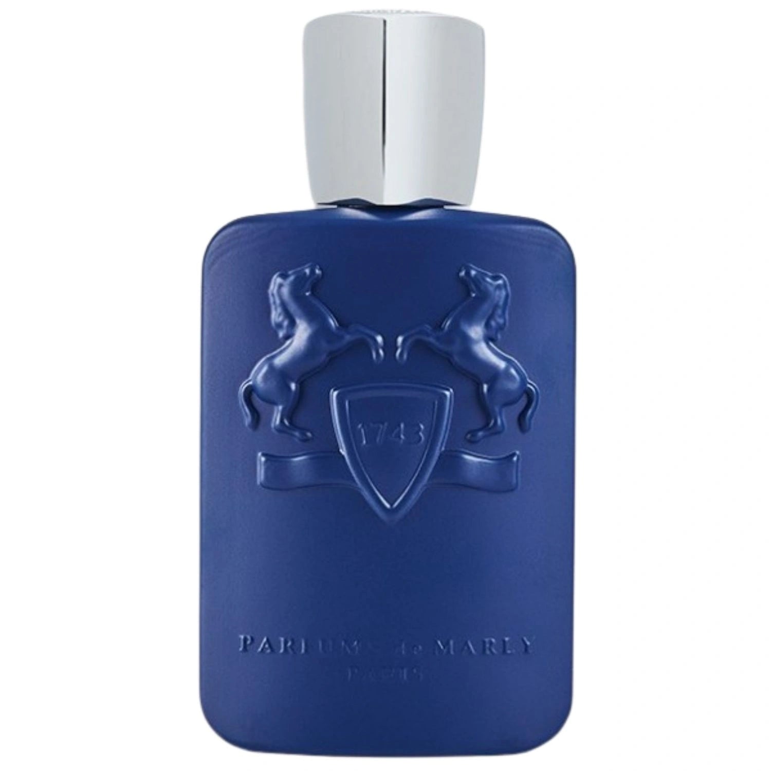Parfums de Marly Percival Eau de Parfum bottle with a matte royal blue finish, embossed horse crest and silver cap.