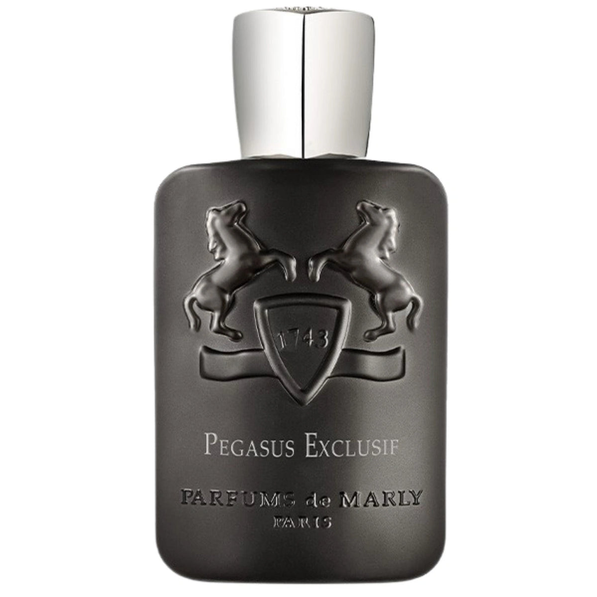 Parfums de Marly Pegasus Exclusif Eau de Parfum bottle in matte charcoal black with embossed twin horse crest and silver cap on a white background.