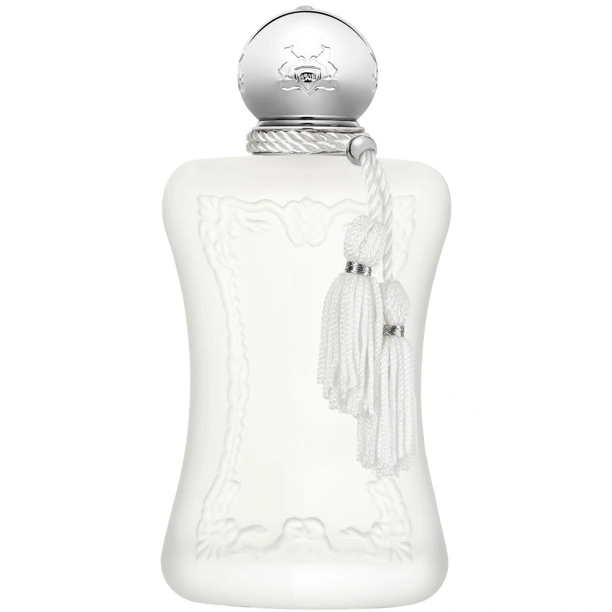 Parfums de Marly Valaya Eau de Parfum bottle with a matte white finish, silver cap, and white decorative tassel.