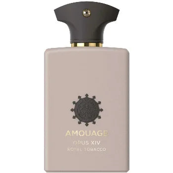 Amouage Opus XIV Royal Tobacco Eau de Parfum bottle in soft taupe with a dark sculptural cap and gold detailing on a white background.