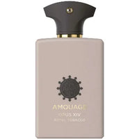 Amouage Opus XIV Royal Tobacco Eau de Parfum bottle in soft taupe with a dark sculptural cap and gold detailing on a white background.