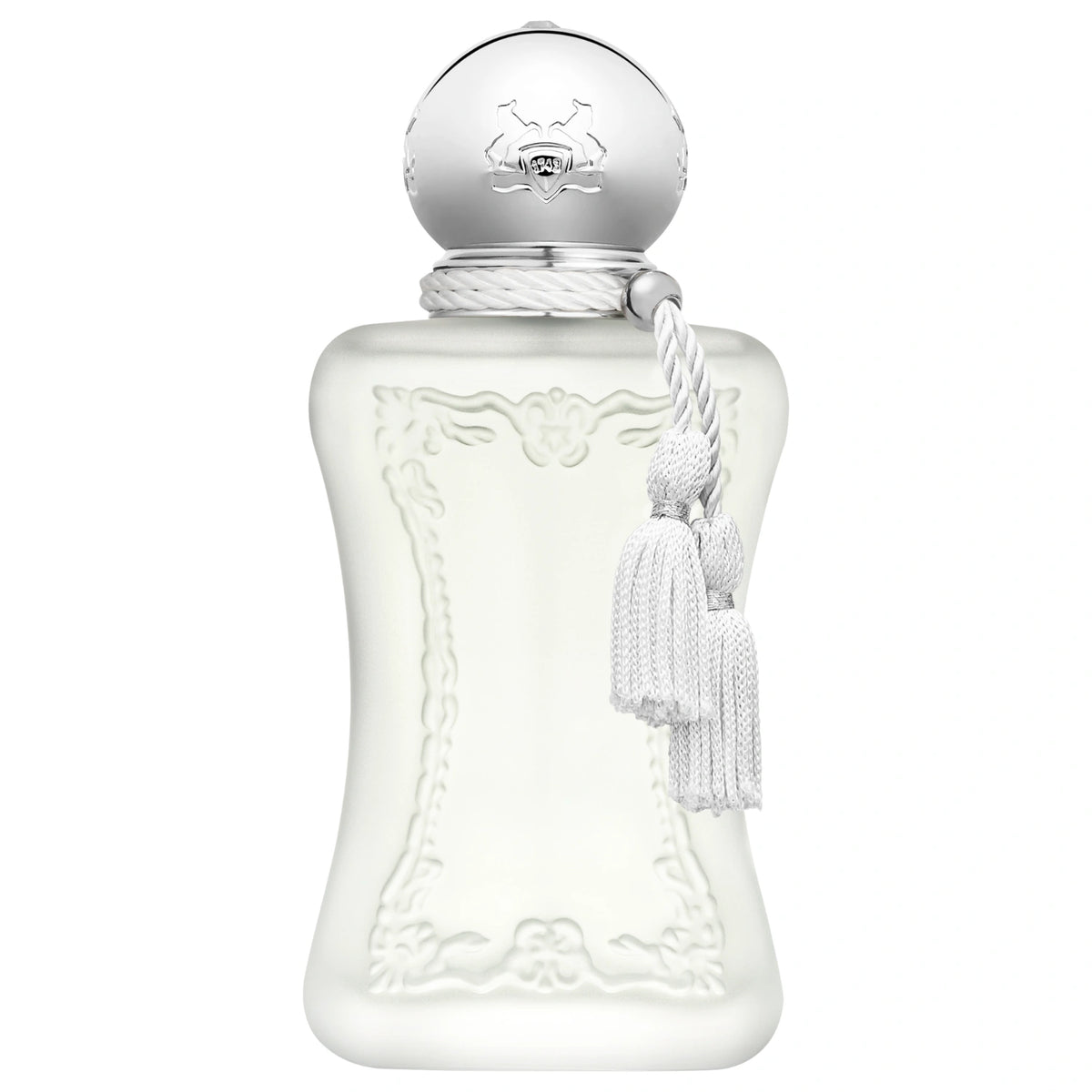 Parfums de Marly Valaya Eau de Parfum bottle with a matte white finish, silver cap, and white decorative tassel.