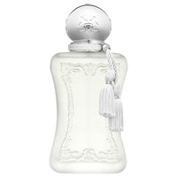 Parfums de Marly Valaya Eau de Parfum bottle with a matte white finish, silver cap, and white decorative tassel.