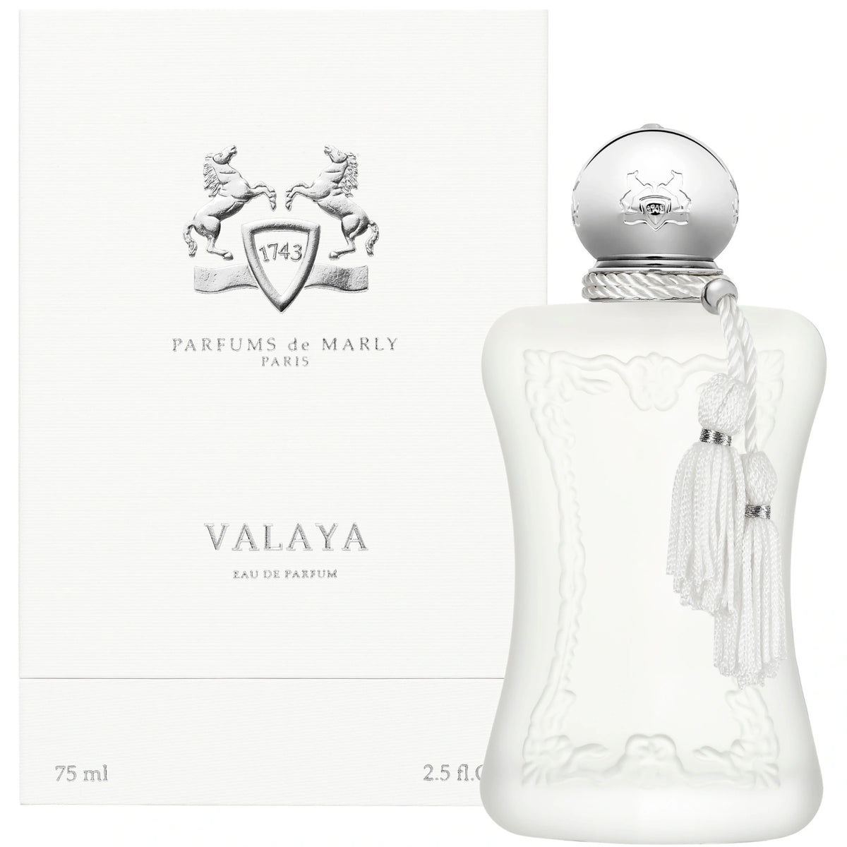 Parfums de Marly Valaya Eau de Parfum bottle with a matte white finish, silver cap, and white decorative tassel.
