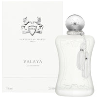 Parfums de Marly Valaya Eau de Parfum bottle with a matte white finish, silver cap, and white decorative tassel.