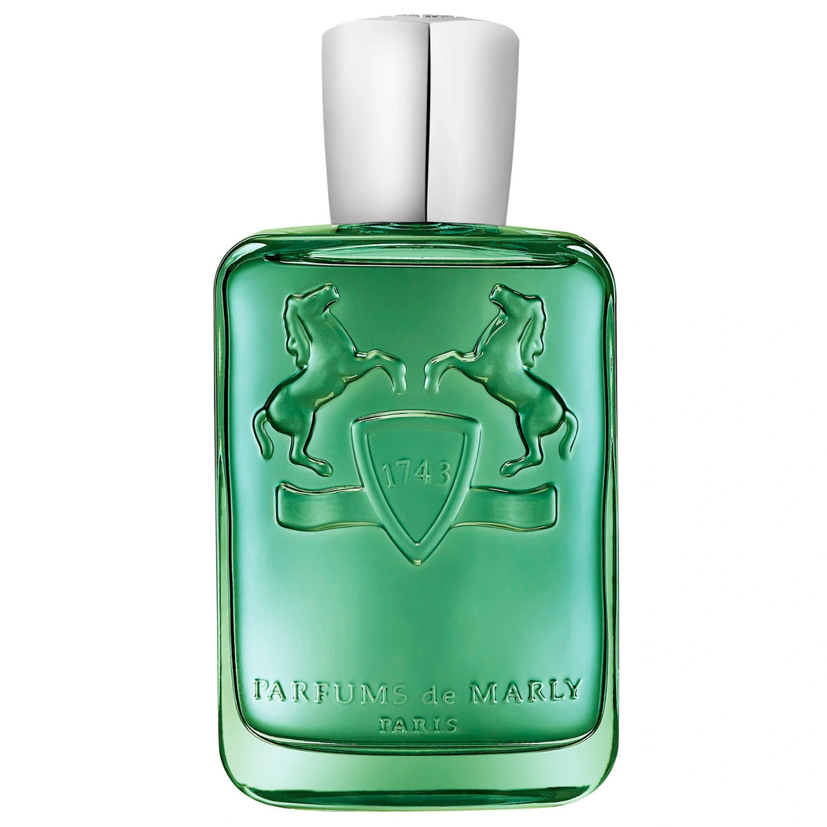 Parfums de Marly Greenley Eau de Parfum bottle in translucent emerald-green glass with an embossed horse crest and silver cap on a white background.
