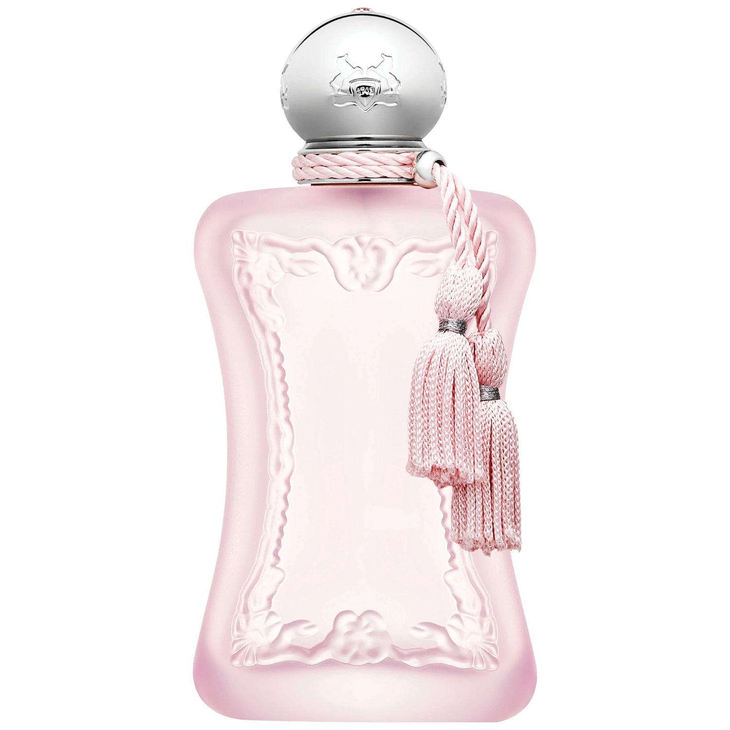 Parfums de Marly Delina La Rosée Eau de Parfum bottle with a frosted soft pink finish, silver cap and matching pale pink tassels.