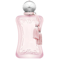 Parfums de Marly Delina La Rosée Eau de Parfum bottle with a frosted soft pink finish, silver cap and matching pale pink tassels.