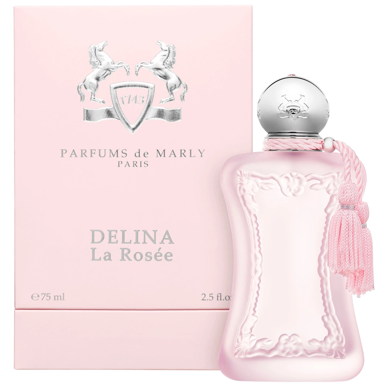 Parfums de Marly Delina La Rosée Eau de Parfum bottle with a frosted soft pink finish, silver cap and matching pale pink tassels.