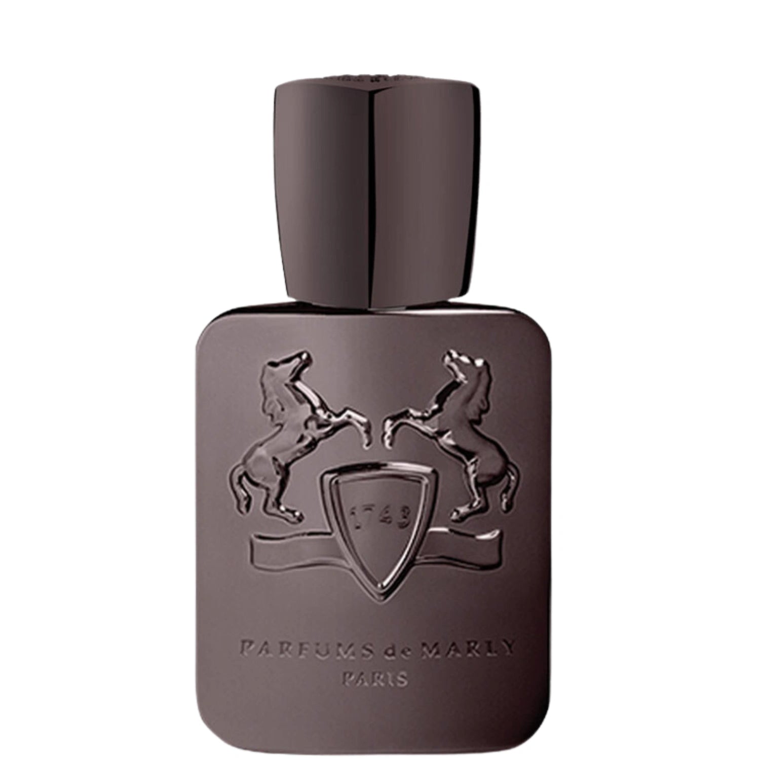 Parfums de Marly Herod Eau de Parfum bottle with a matte dark brown finish, embossed horse crest and matching dark brown cap.