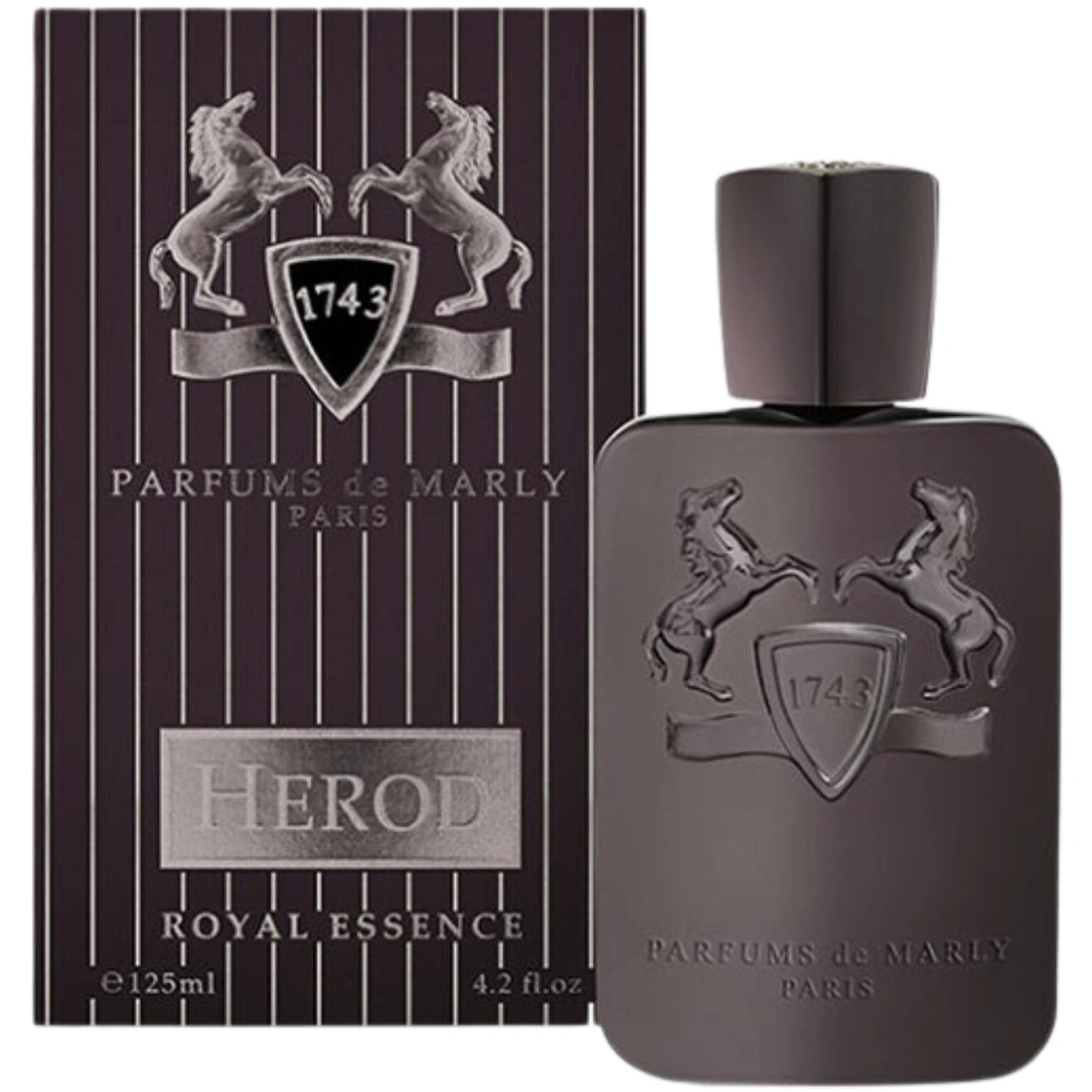 Parfums de Marly Herod Eau de Parfum bottle with a matte dark brown finish, embossed horse crest and matching dark brown cap.