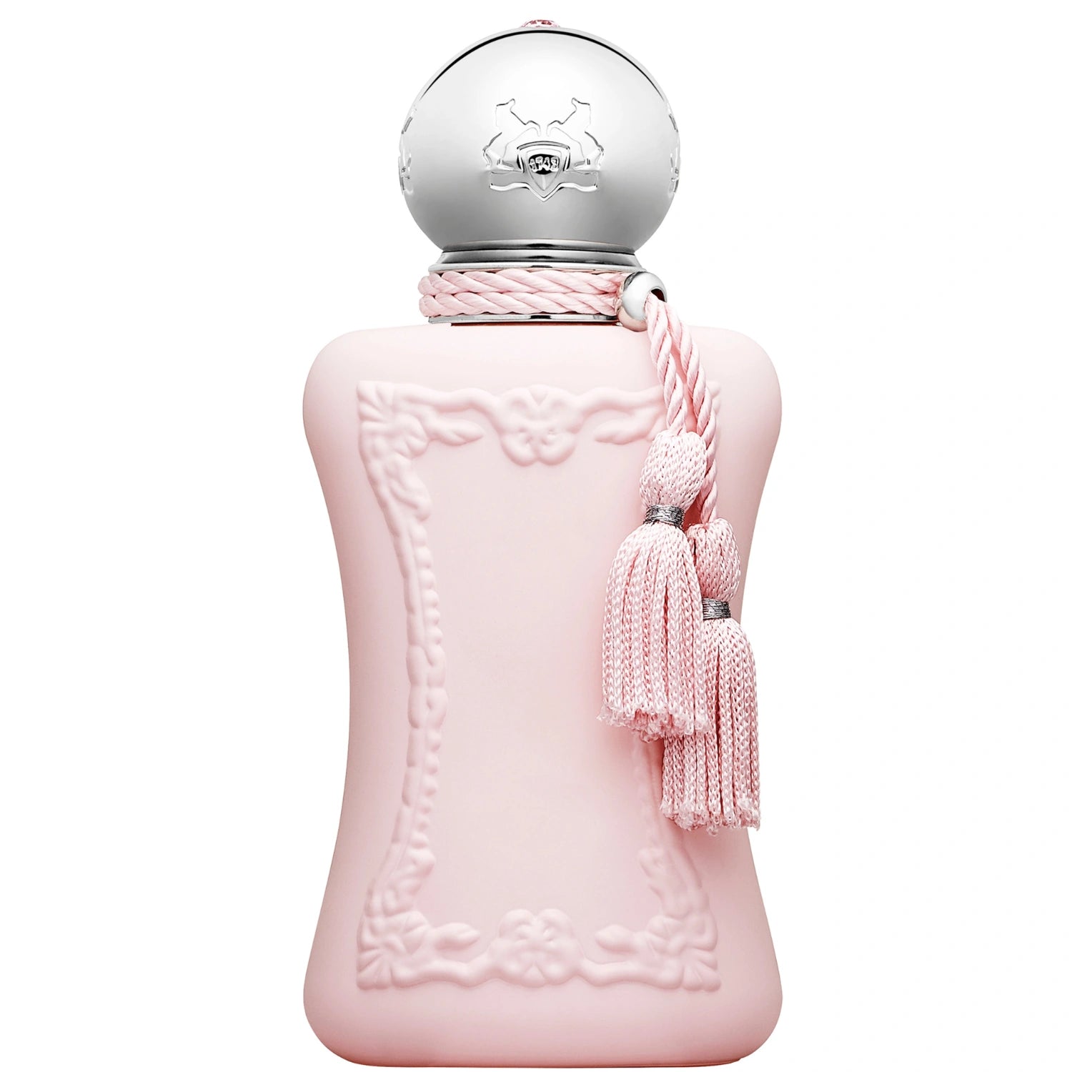 Parfums de Marly Delina Eau de Parfum bottle with a blush pink bottle, silver cap and matching pink tassels.