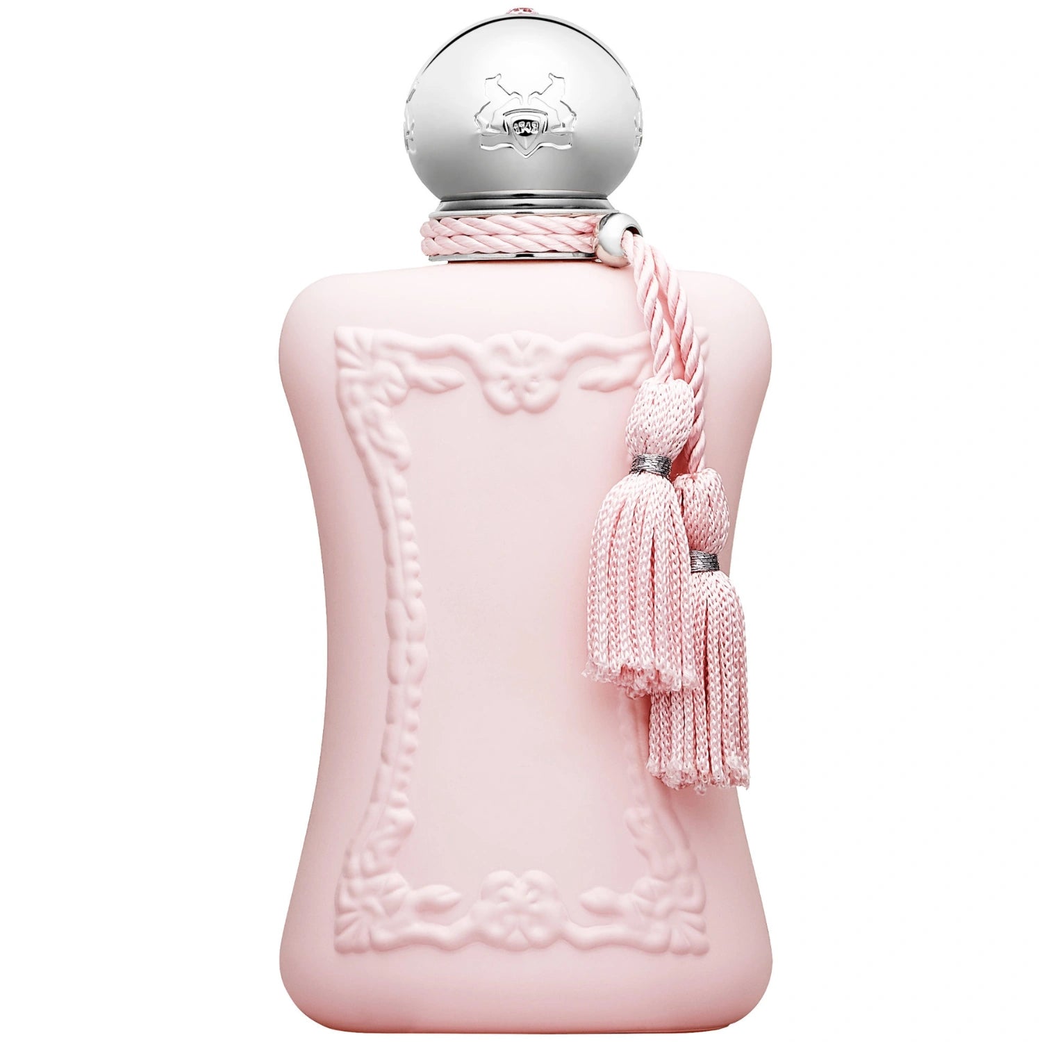 Parfums de Marly Delina Eau de Parfum bottle with a blush pink bottle, silver cap and matching pink tassels.