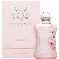 Parfums de Marly Delina Eau de Parfum bottle with a blush pink bottle, silver cap and matching pink tassels.