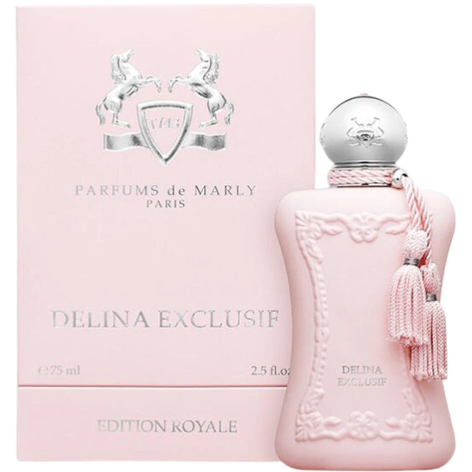 Parfums de Marly Delina Exclusif Eau de Parfum bottle with a deep blush pink bottle, silver cap and matching blush pink tassels.