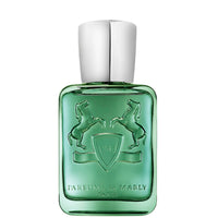 Parfums de Marly Greenley Eau de Parfum bottle in translucent emerald-green glass with an embossed horse crest and silver cap on a white background.