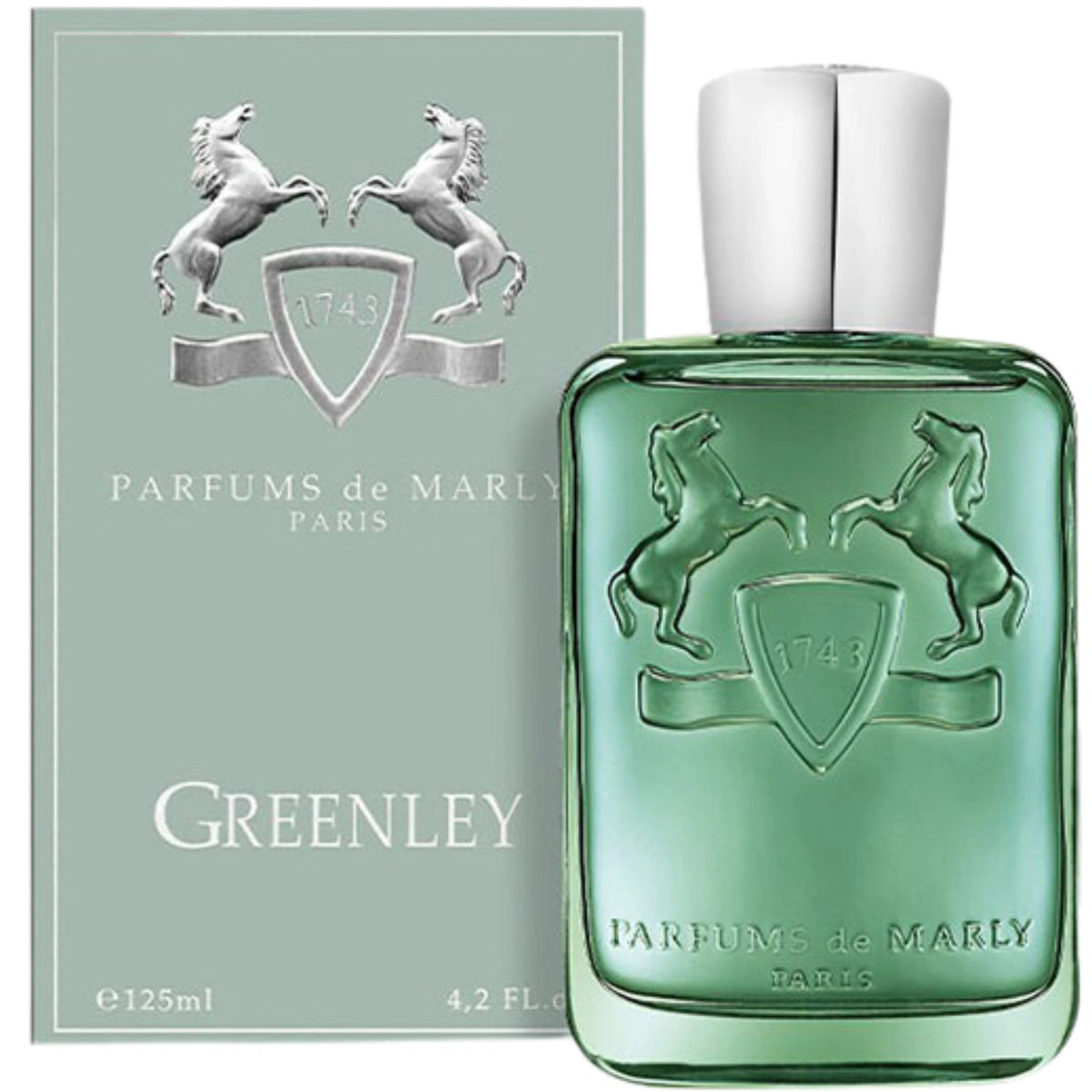 Parfums de Marly Greenley Eau de Parfum bottle in translucent emerald-green glass with an embossed horse crest and silver cap on a white background.