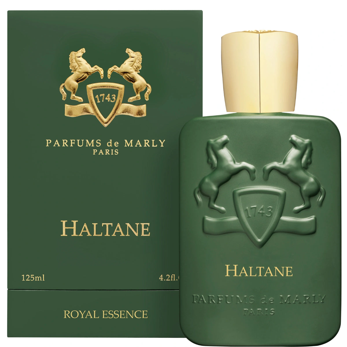 Parfums de Marly Haltane Eau de Parfum bottle front view with matte green bottle, gold cap and embossed horse crest.
