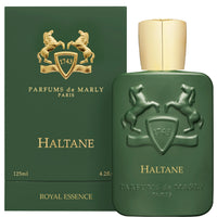 Parfums de Marly Haltane Eau de Parfum bottle front view with matte green bottle, gold cap and embossed horse crest.