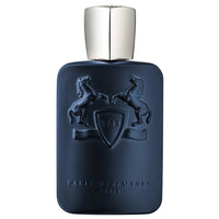 Parfums de Marly Layton Eau de Parfum bottle with a matte deep navy blue finish, embossed horse crest and silver cap.