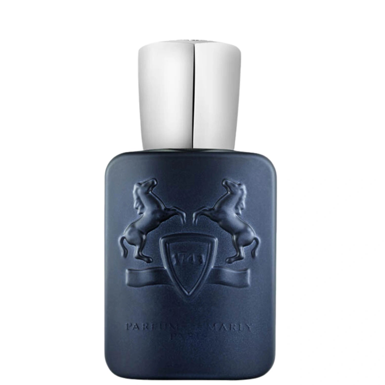 Parfums de Marly Layton Eau de Parfum bottle with a matte deep navy blue finish, embossed horse crest and silver cap.
