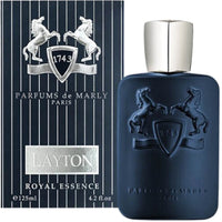 Parfums de Marly Layton Eau de Parfum bottle with a matte deep navy blue finish, embossed horse crest and silver cap.