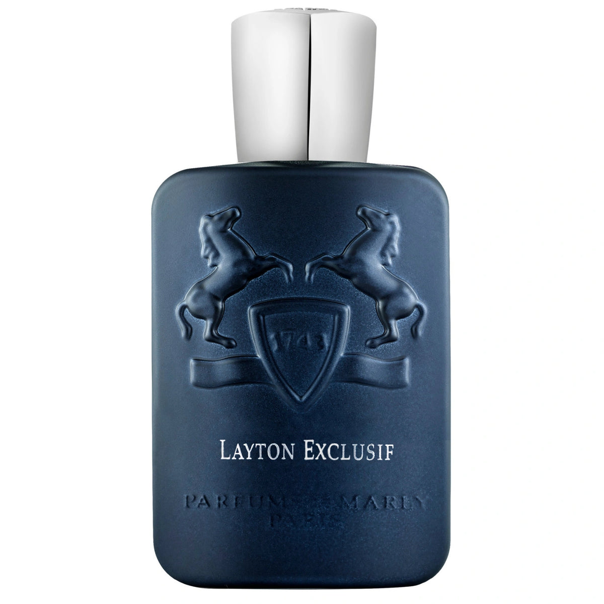 Parfums de Marly Layton Exclusif Eau de Parfum bottle in deep matte midnight-blue with an embossed horse crest and silver cap on a white background.