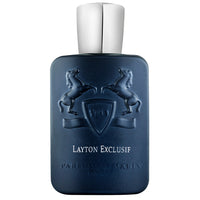 Parfums de Marly Layton Exclusif Eau de Parfum bottle in deep matte midnight-blue with an embossed horse crest and silver cap on a white background.