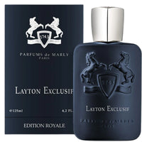 Parfums de Marly Layton Exclusif Eau de Parfum bottle in deep matte midnight-blue with an embossed horse crest and silver cap on a white background.