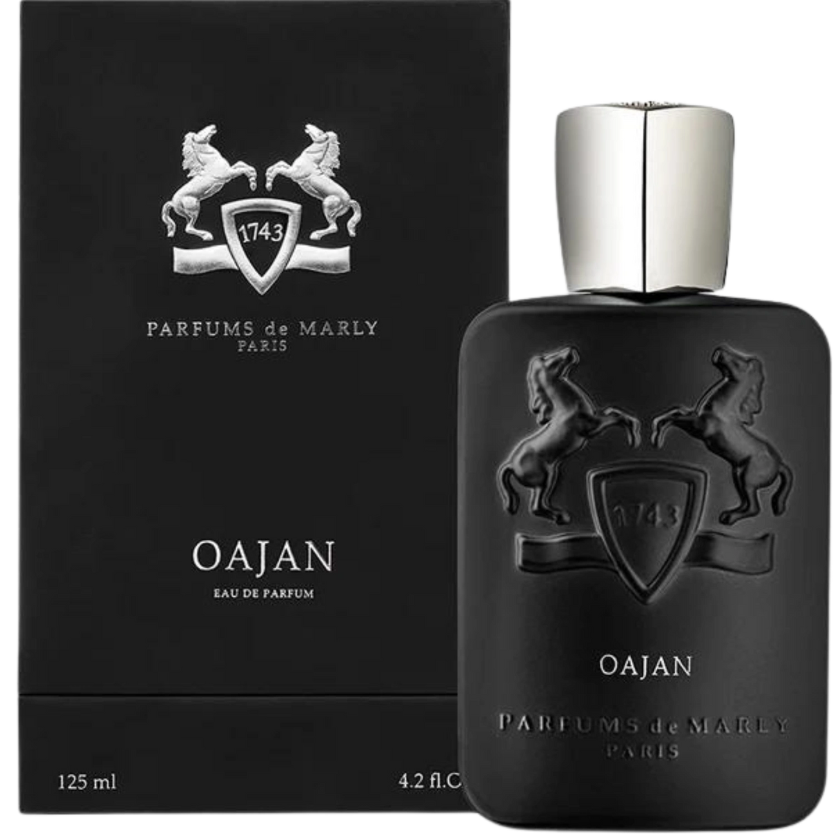 Parfums de Marly Oajan Eau de Parfum bottle front view with matte black bottle, silver cap and embossed horse crest.