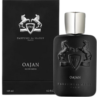 Parfums de Marly Oajan Eau de Parfum bottle front view with matte black bottle, silver cap and embossed horse crest.