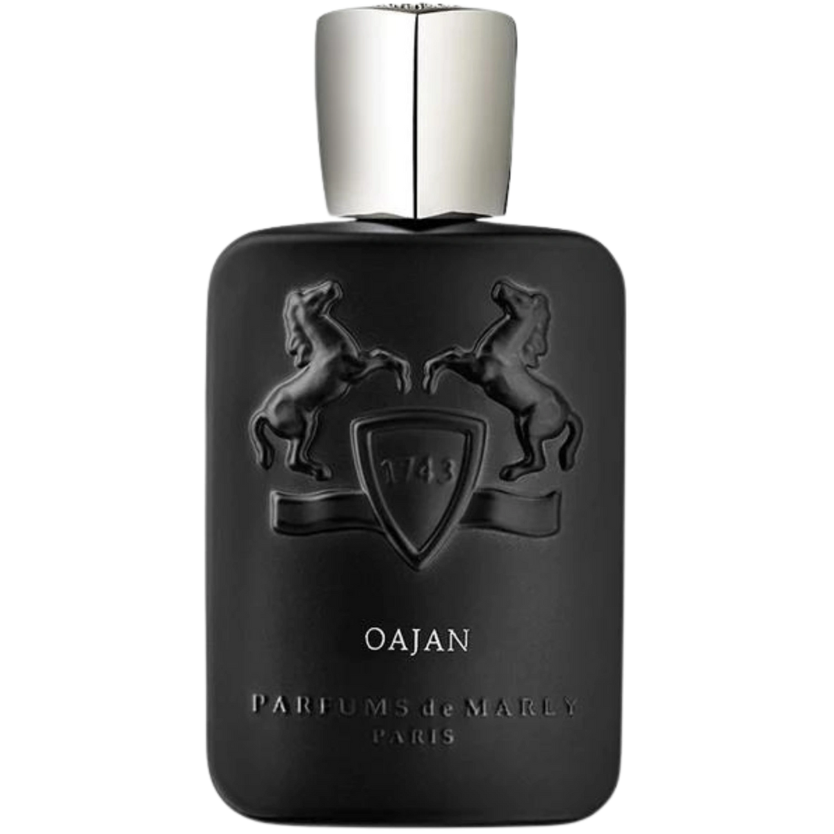Parfums de Marly Oajan Eau de Parfum bottle front view with matte black bottle, silver cap and embossed horse crest.