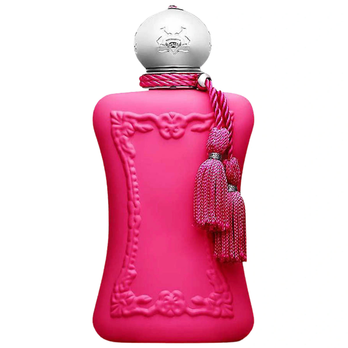 Parfums de Marly Delina Exclusif Eau de Parfum bottle in deep matte fuchsia pink with an ornate embossed frame, silver cap and matching tassels on a white background.