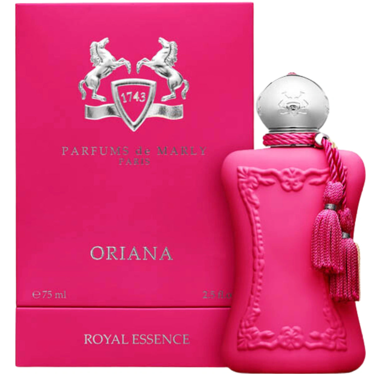 Parfums de Marly Delina Exclusif Eau de Parfum bottle in deep matte fuchsia pink with an ornate embossed frame, silver cap and matching tassels on a white background.