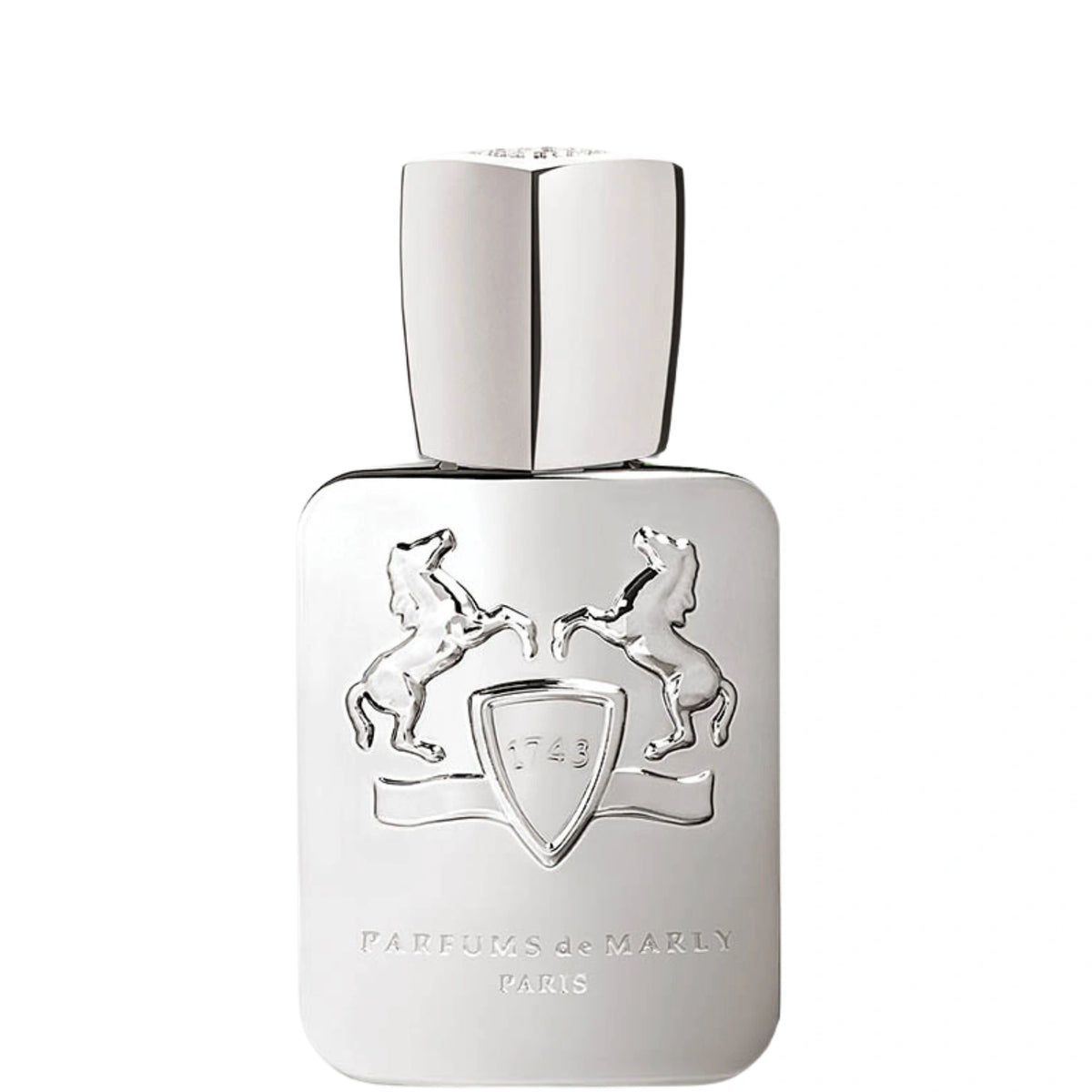 Parfums de Marly Pegasus Eau de Parfum bottle featuring a matte silver finish with the signature embossed horses and crest.