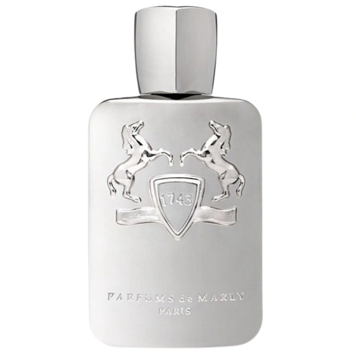 Parfums de Marly Pegasus Eau de Parfum bottle featuring a matte silver finish with the signature embossed horses and crest.