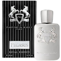 Parfums de Marly Pegasus Eau de Parfum bottle featuring a matte silver finish with the signature embossed horses and crest.