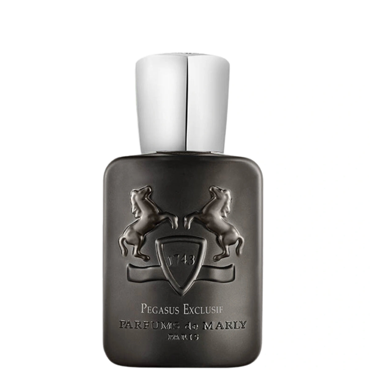 Parfums de Marly Pegasus Exclusif Eau de Parfum bottle in matte charcoal black with embossed twin horse crest and silver cap on a white background.
