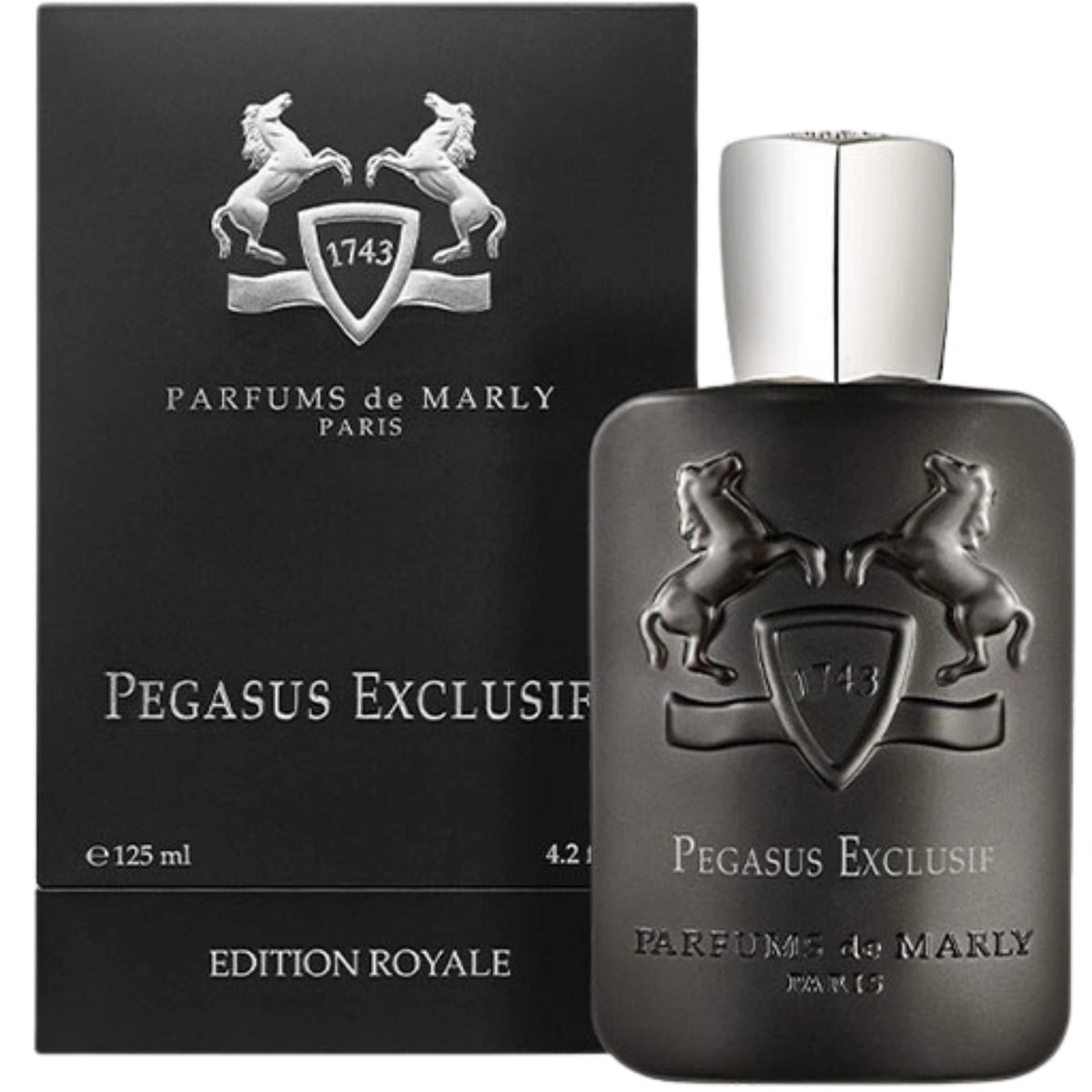 Parfums de Marly Pegasus Exclusif Eau de Parfum bottle in matte charcoal black with embossed twin horse crest and silver cap on a white background.