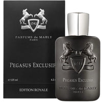 Parfums de Marly Pegasus Exclusif Eau de Parfum bottle in matte charcoal black with embossed twin horse crest and silver cap on a white background.