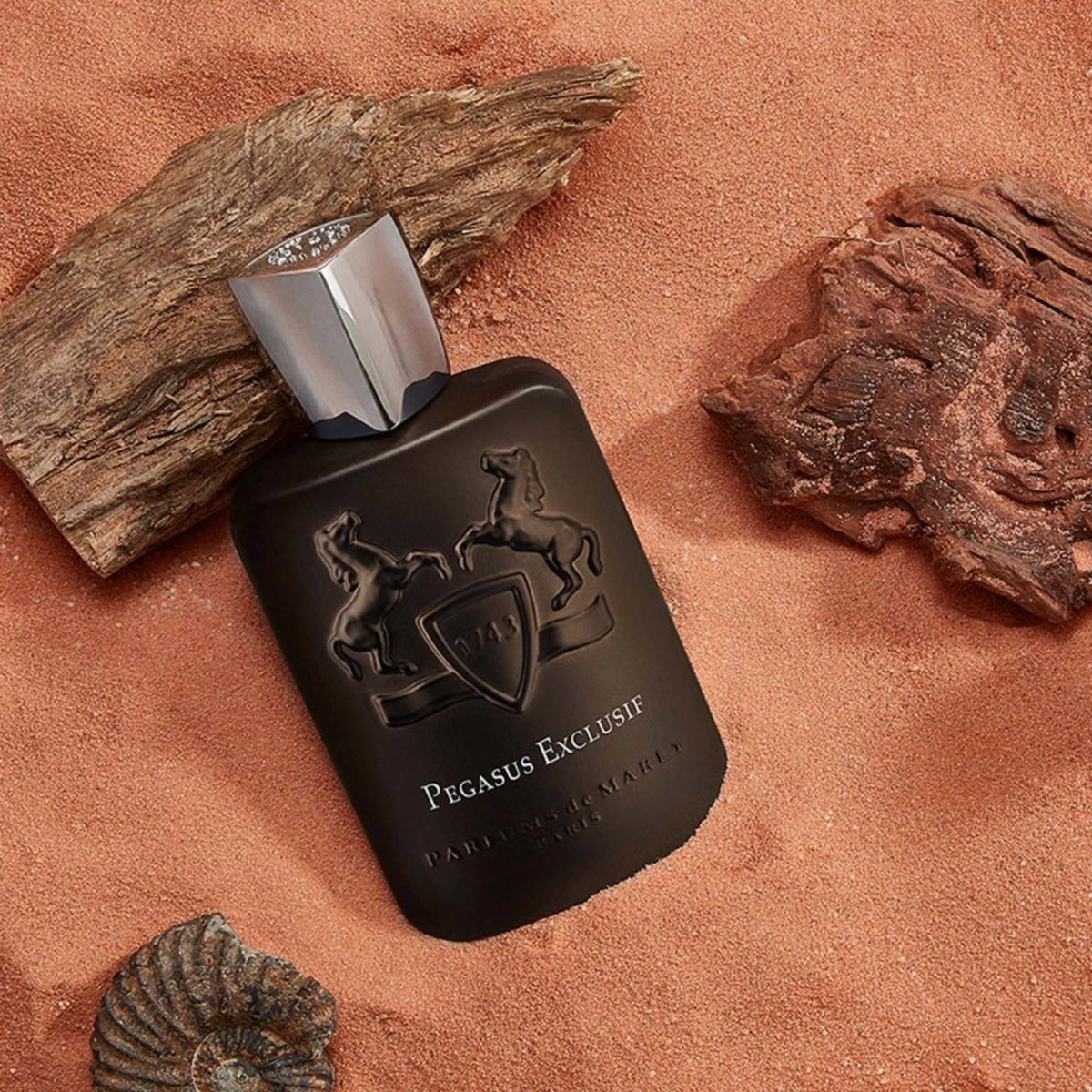 Parfums de Marly Pegasus Exclusif Eau de Parfum matte charcoal bottle styled on warm desert sand with weathered driftwood and rugged wood accents, highlighting its rich woody character.