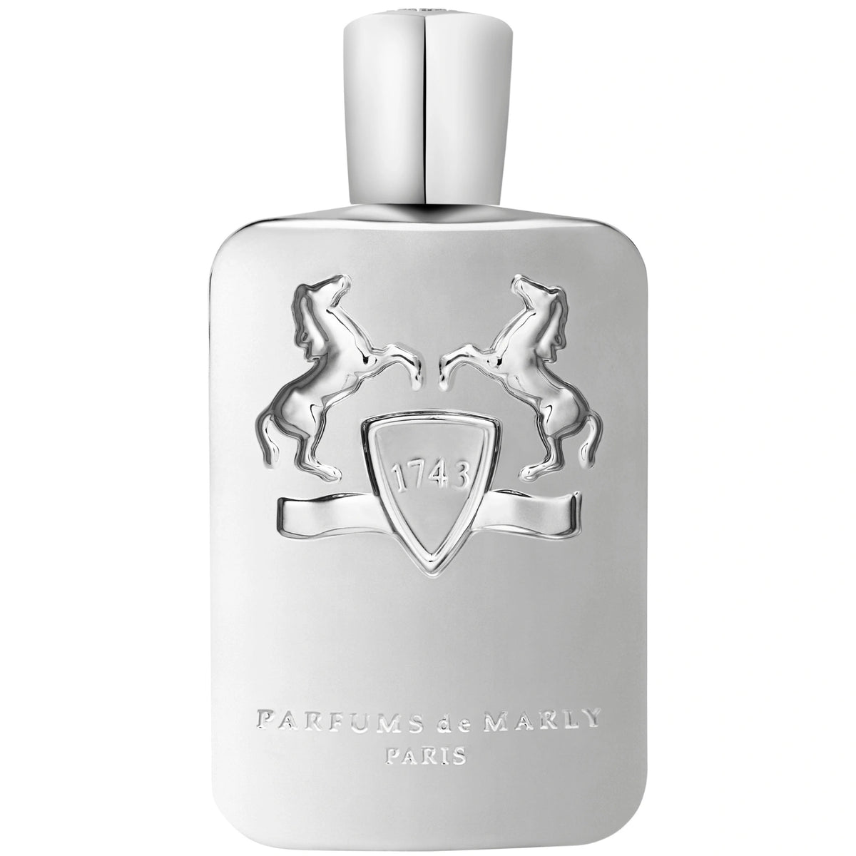 Parfums de Marly Pegasus Eau de Parfum bottle featuring a matte silver finish with the signature embossed horses and crest.