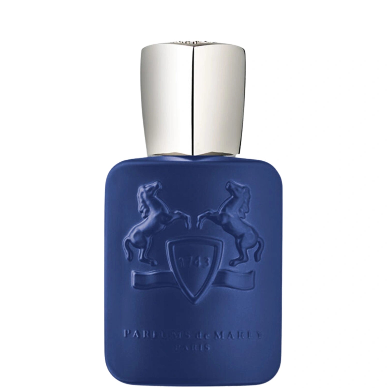 Parfums de Marly Percival Eau de Parfum bottle with a matte royal blue finish, embossed horse crest and silver cap.